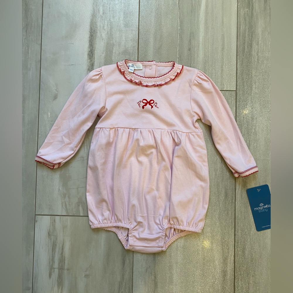 NWT Magnolia Baby Light Pink Embroidered Candy Cane Lane Bubble Romper girls 18M